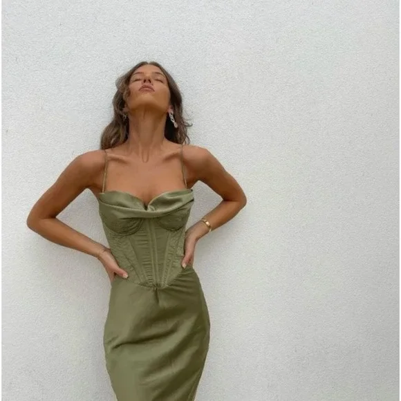 House of CB Myrna Olive Corset Satin Slip Dress Timeless Elegant - Picture 14 of 14